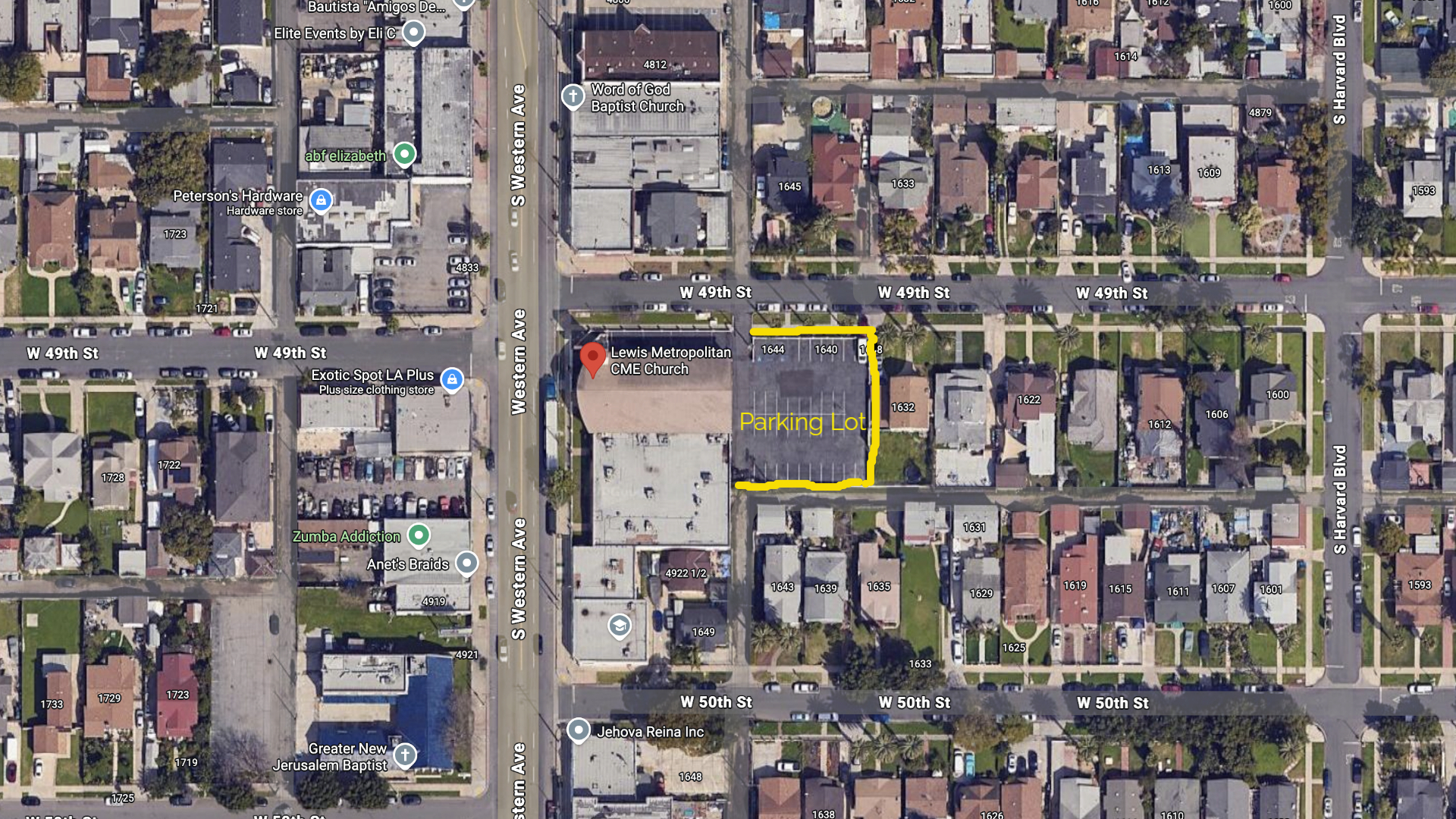 Campus parking map or satellite image showing Lewis Metropolitan CME Church parking lot and nearby streets