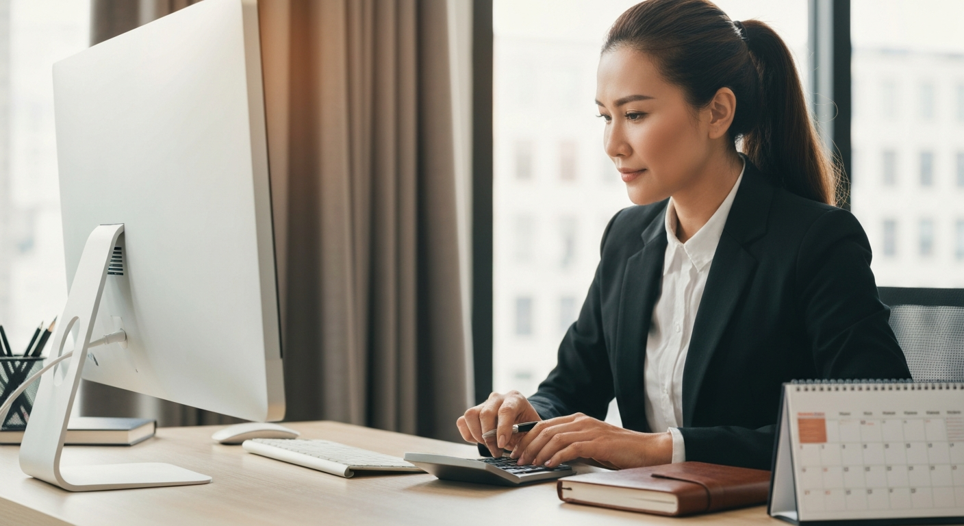 Businesswoman Calculating Freelance Salary and Planning to Outsource Customer Support Businesswoman calculating salary of her freelance employee at her desk, considering to outsource customer support.