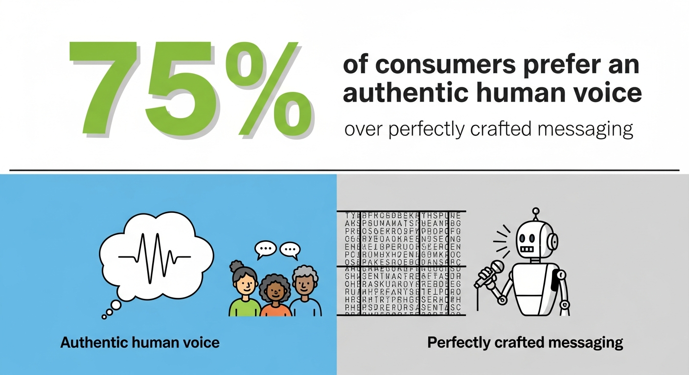 75% of consumers prefer an authentic human voice Infographic showing that 75% of consumers prefer an authentic human voice over perfectly crafted messaging.