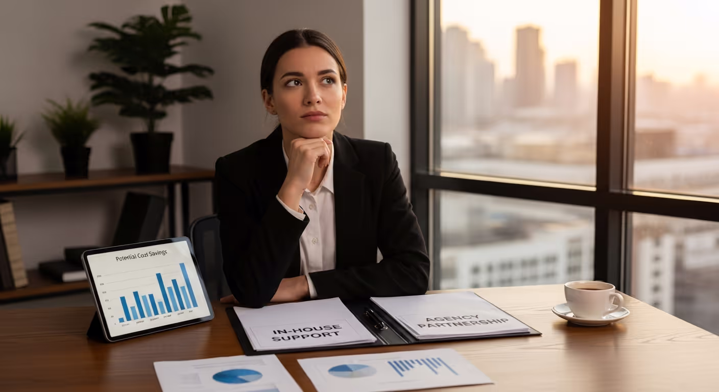 Customer Support Agency vs. In-House Business owner pondering a decision she has to make about whether to hire a customer support agency.