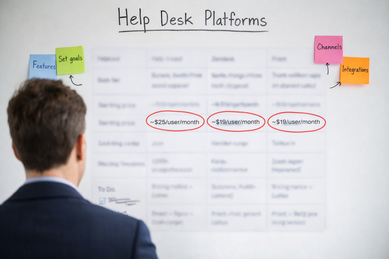 Pricing breakdown comparing monthly costs of Help Scout, Zendesk, and Front help desk platforms
