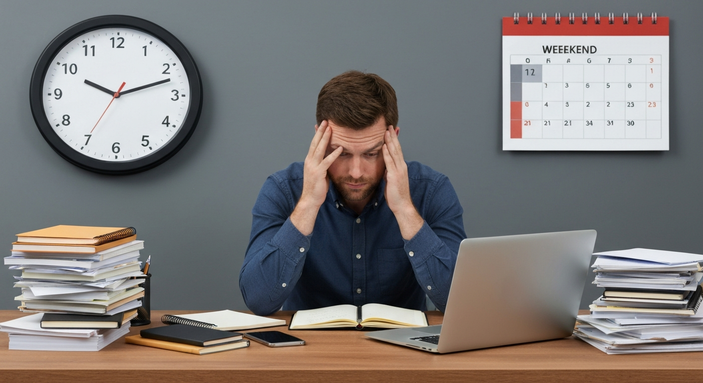Where Your Time Actually Goes: Work-Life Balance for Entrepreneurs Entrepreneur overwhelmed by emails and tasks, illustrating lost productivity and challenges in achieving work-life balance for entrepreneurs.