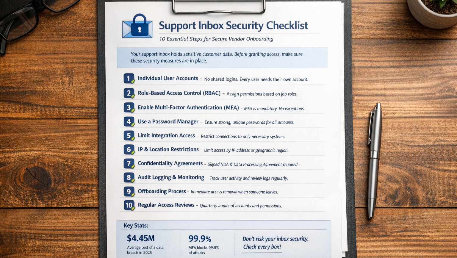 Vendor Security Checklist for Support Inbox Access Security checklist document showing support inbox security requirements for vendor onboarding