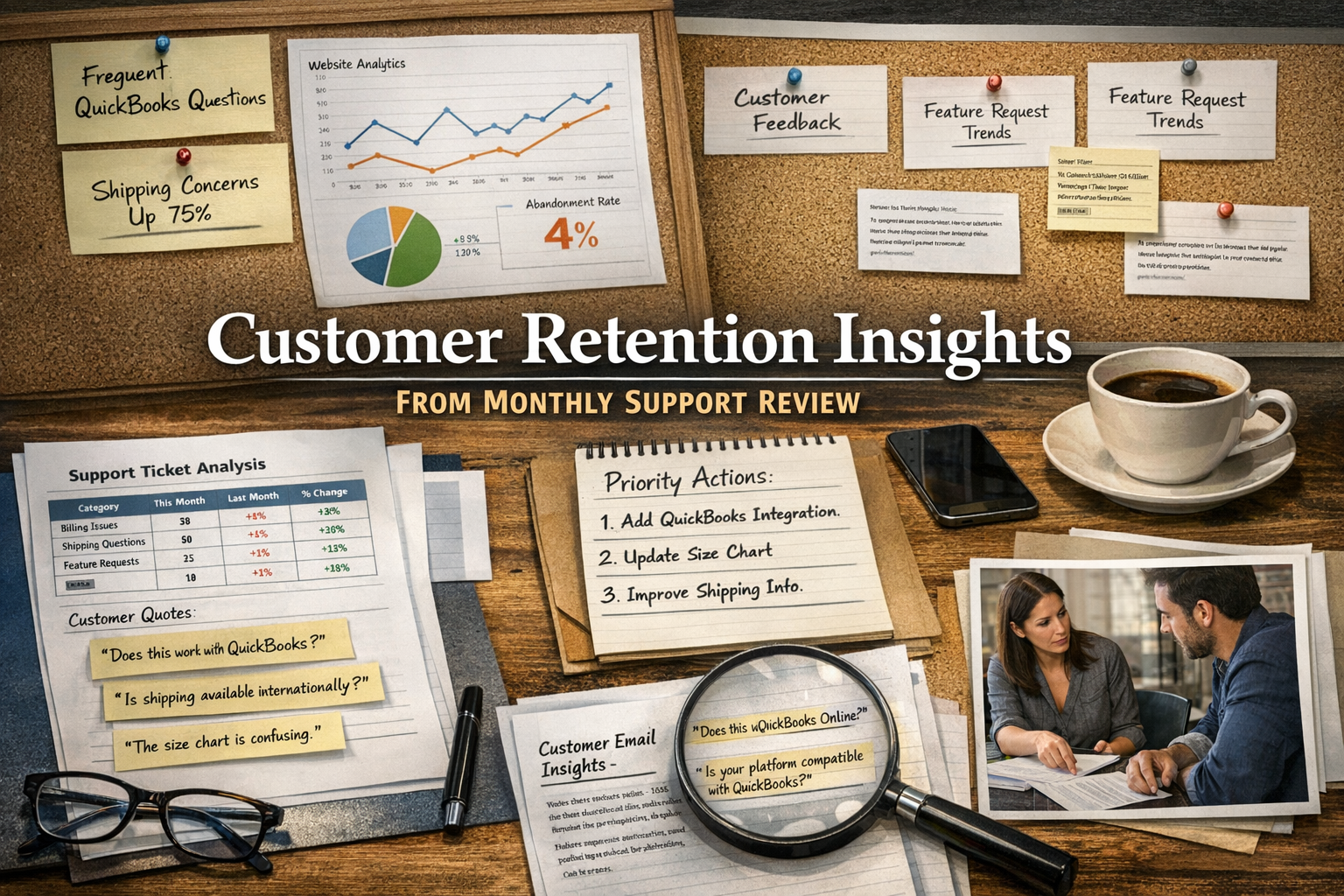 Customer Support Retention Insights from Monthly Template Review Customer retention insights extracted from monthly support review template showing patterns