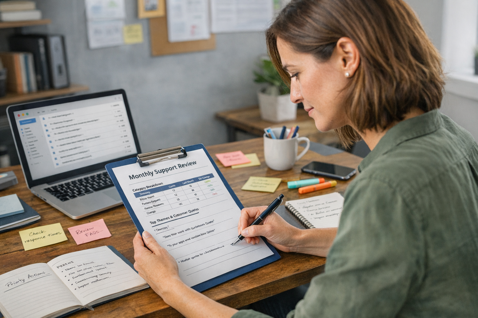 Founder Analyzing Support Tickets Using Monthly Review Template Small business founder reviewing customer support tickets using monthly review template process