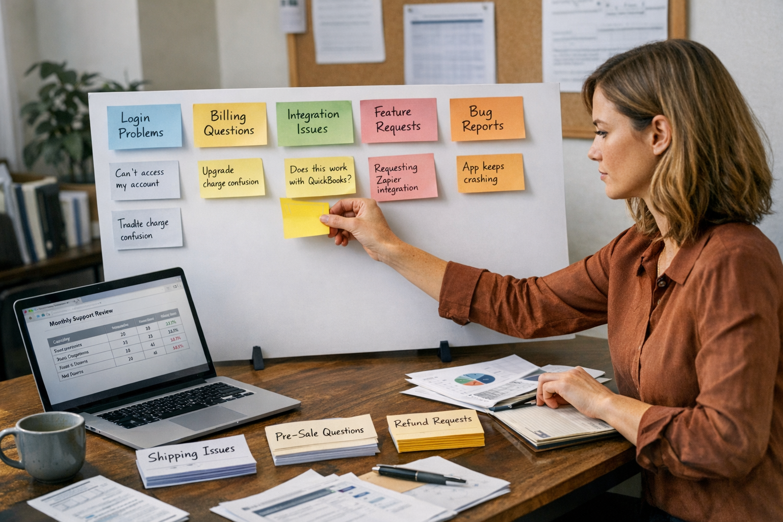 Support Ticket Categorization for Monthly Review Process Founder categorizing support tickets by theme for monthly review template analysis
