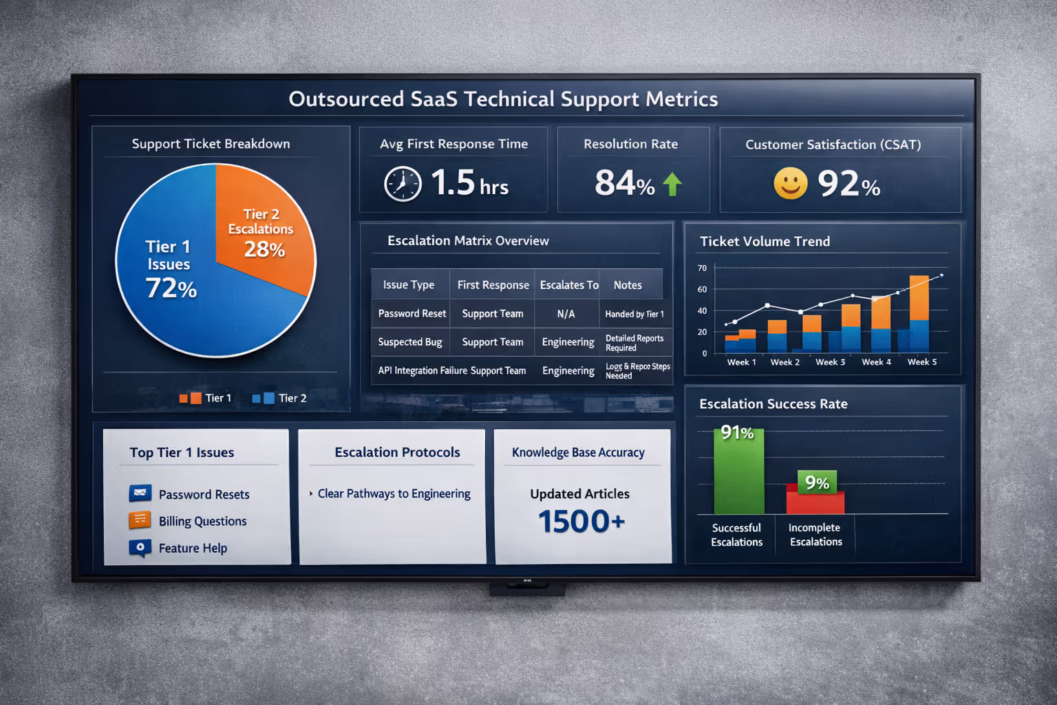 Fractional Support Team Quality Metrics Dashboard for SaaS Dashboard displaying outsourcing technical support for SaaS quality metrics and performance data