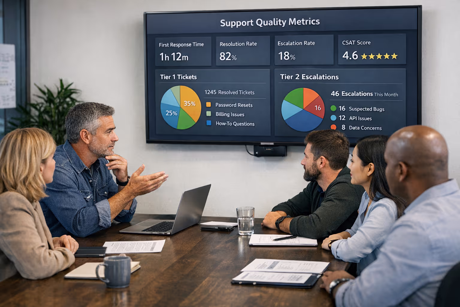 SaaS founder reviewing outsourcing technical support for saas quality metrics with fractional team dashboard