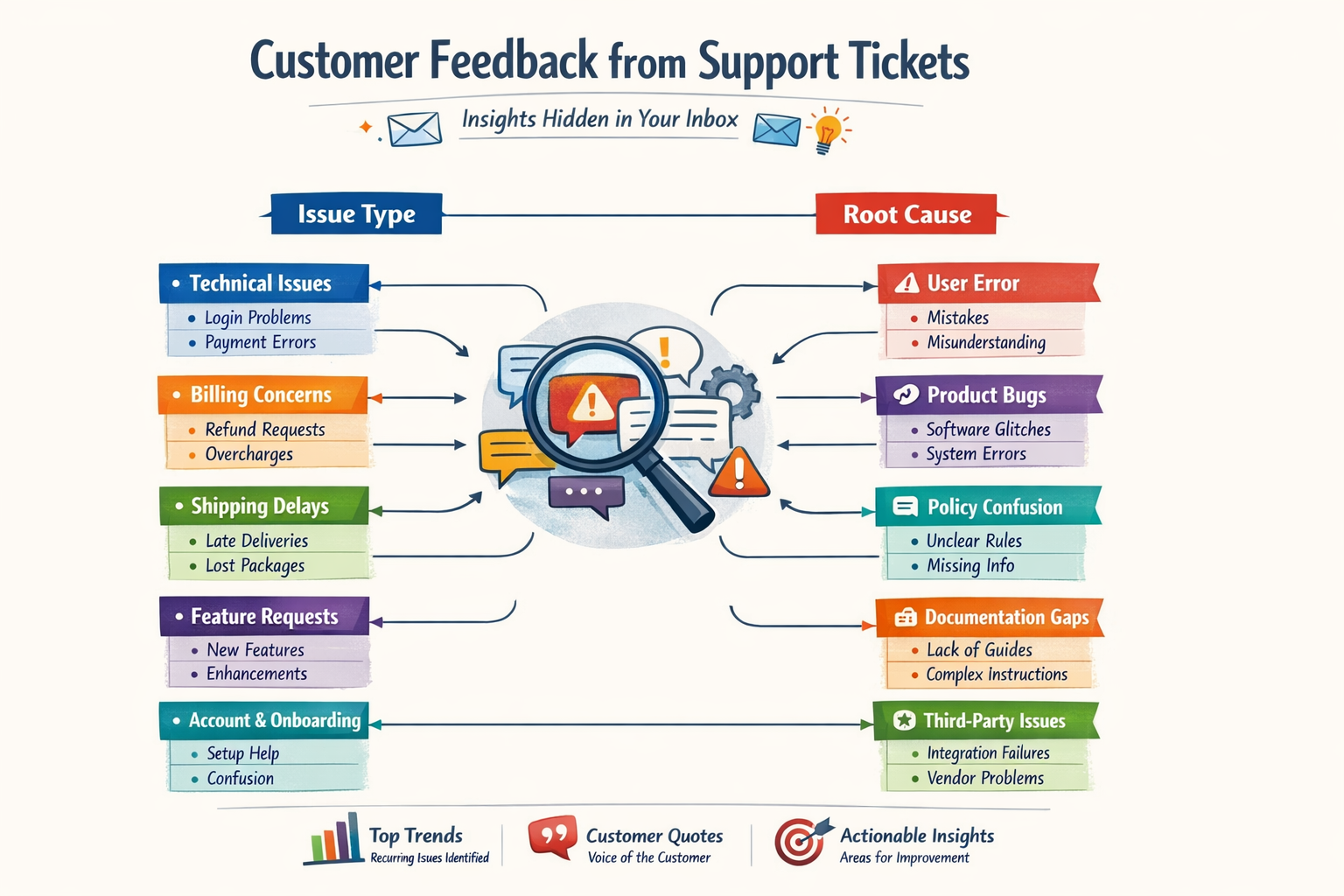 Hierarchical chart showing customer feedback from support tickets organized by issue type and root cause