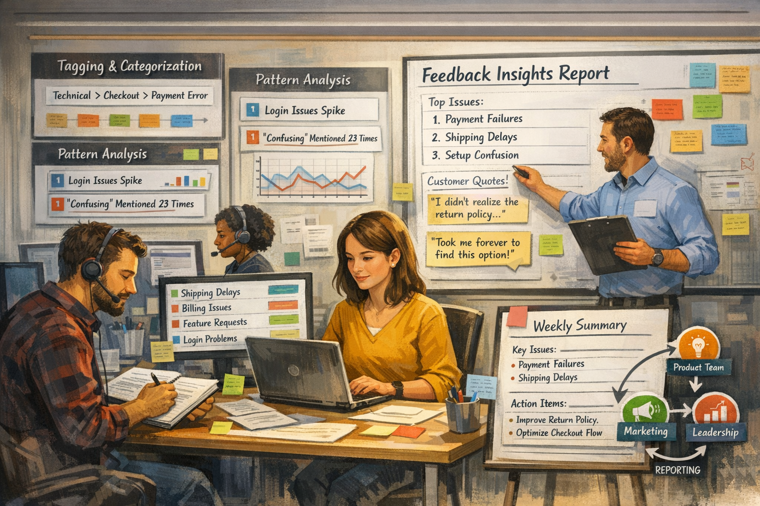 Professional support agents documenting customer feedback from support tickets in structured format