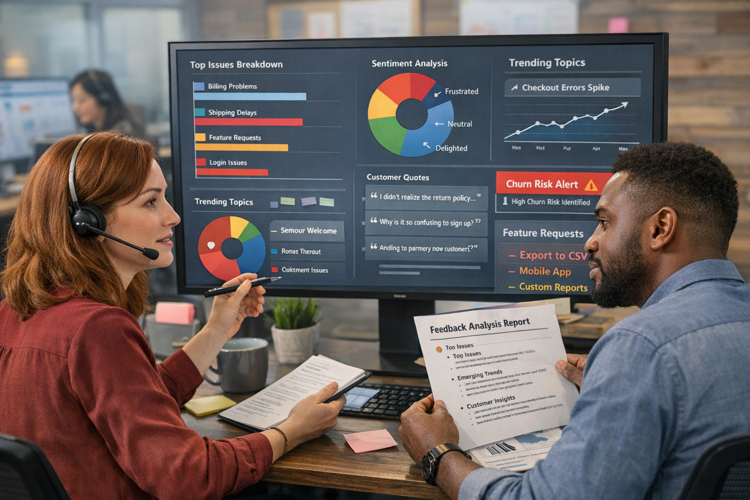 Customer support agents reviewing customer feedback from support tickets with data visualization dashboard