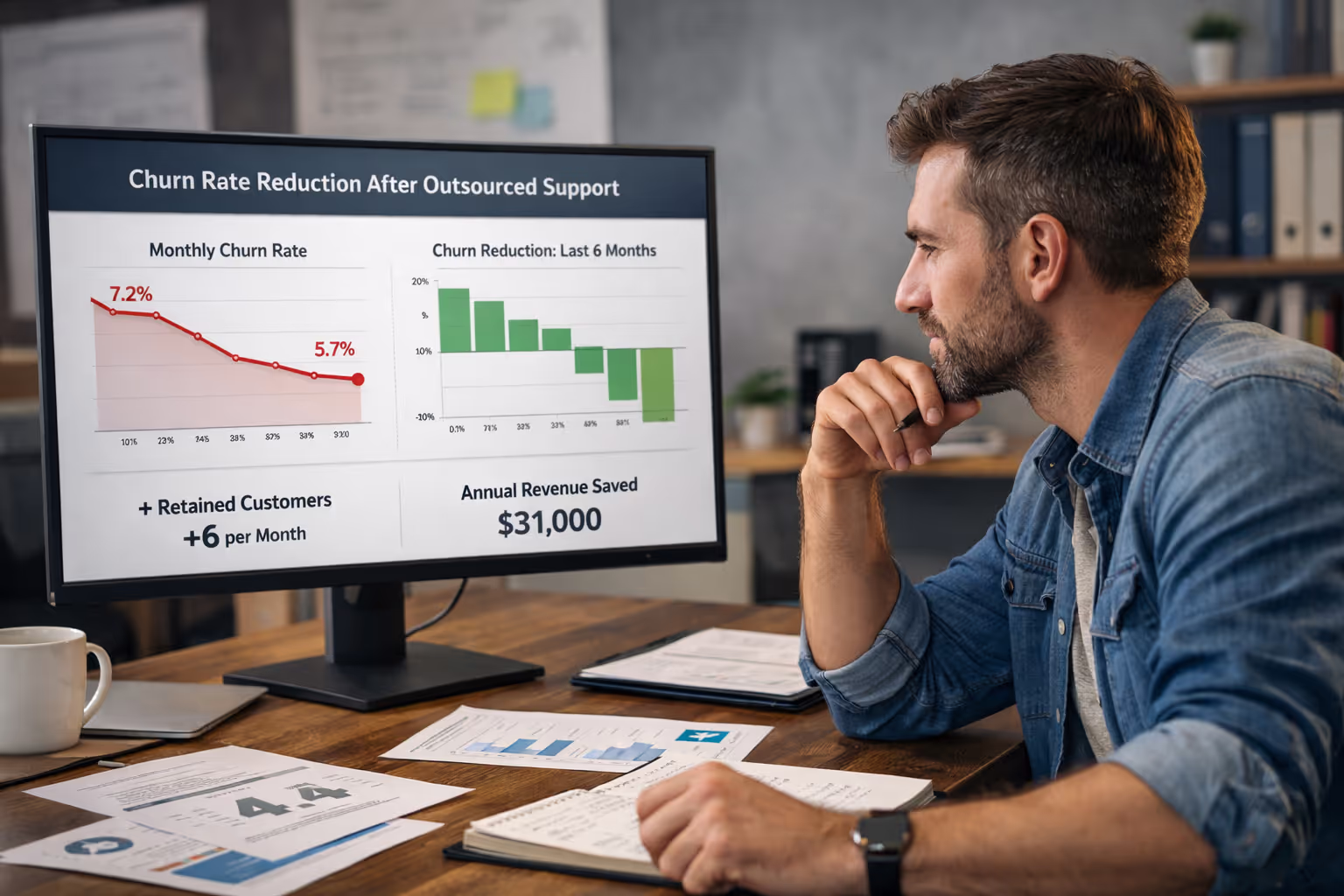 SaaS startup founder reviewing customer retention metrics showing saas customer support churn reduction implementation