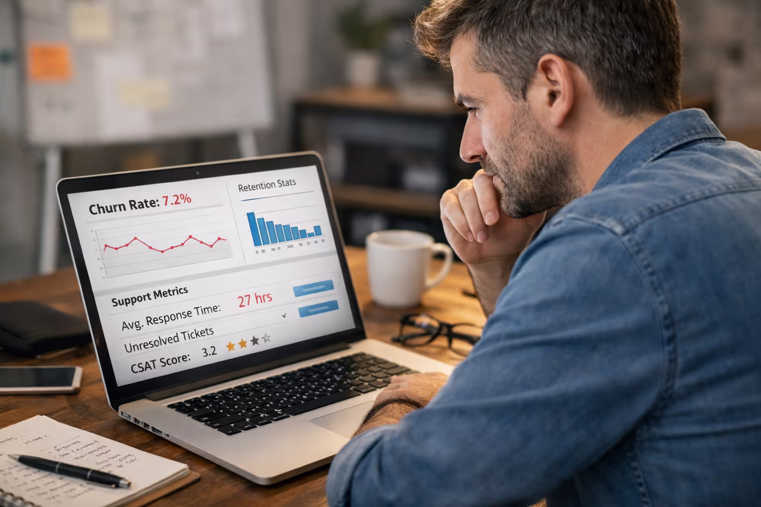 SaaS Founder Analyzing Customer Retention and Support Performance Data SaaS startup founder reviewing customer retention reports and support metrics on laptop screen