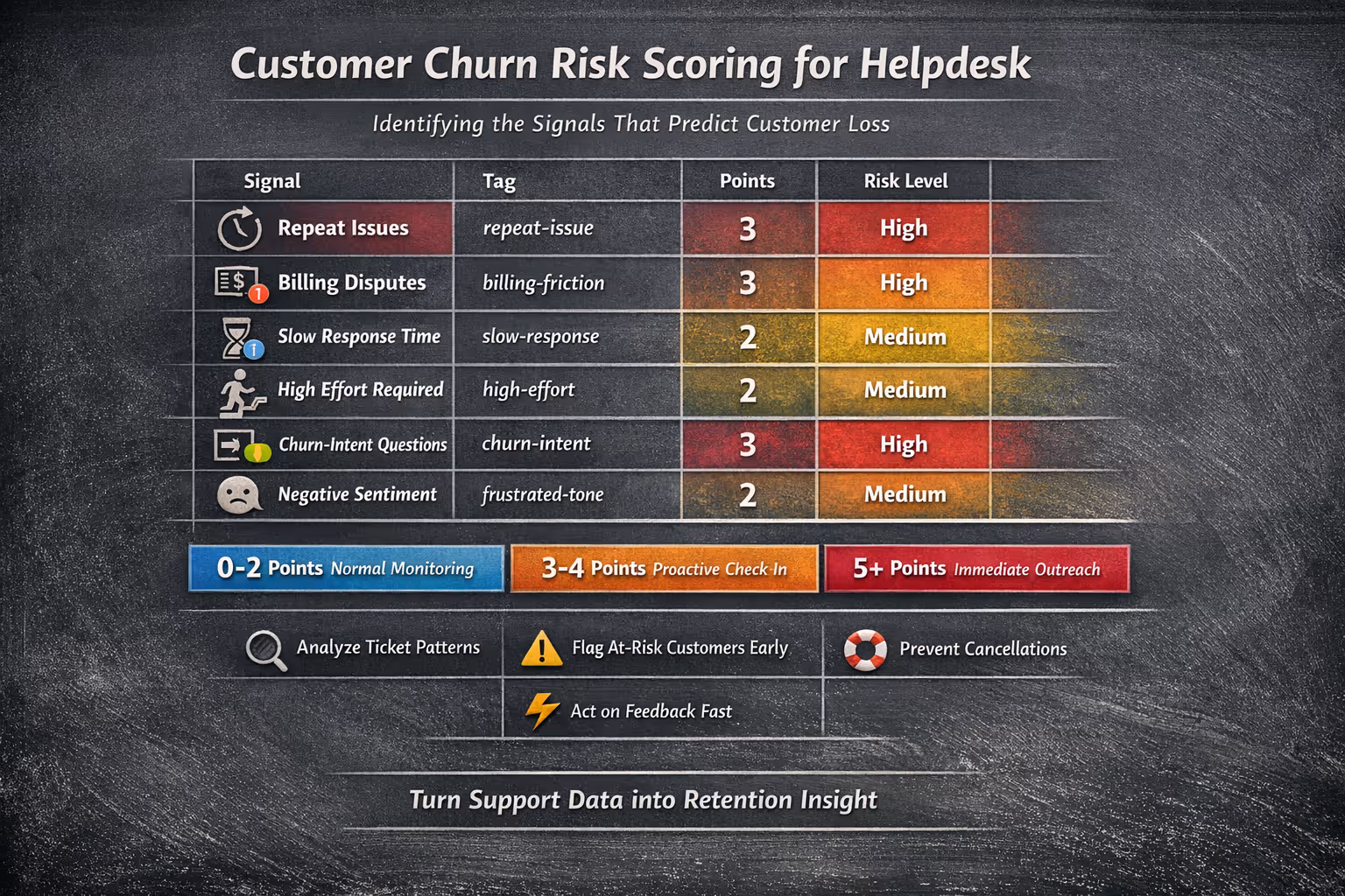 Customer churn prediction risk scoring table showing signal tags and point values for helpdesk