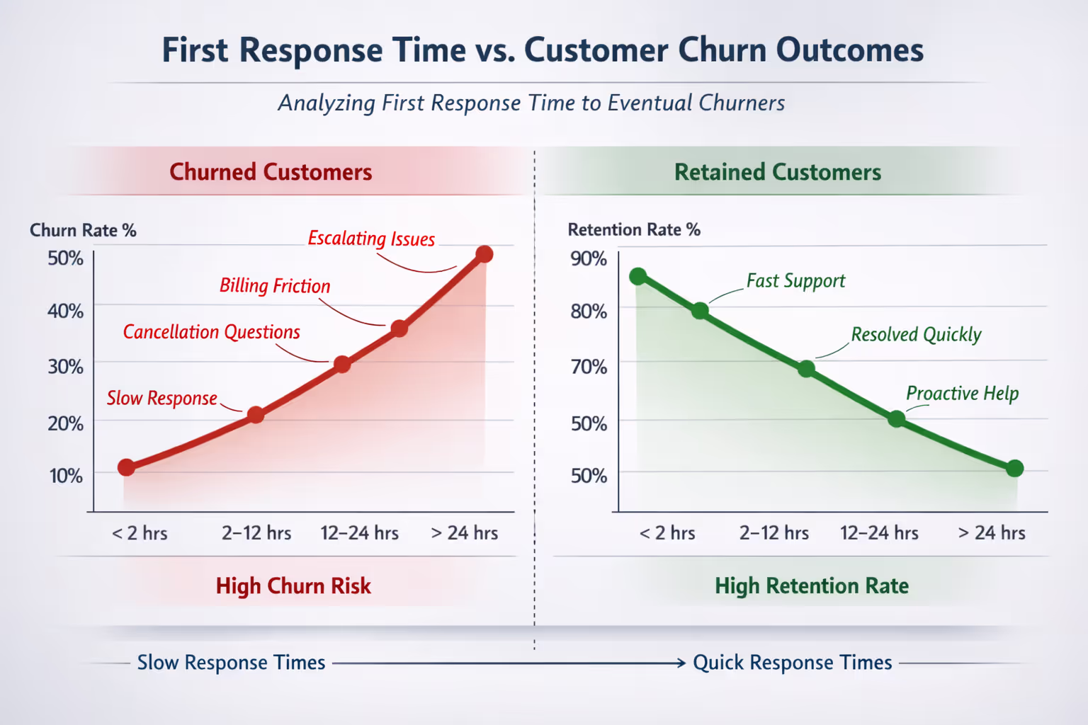 Graph comparing first response time to customer churn prediction outcomes and retention rates