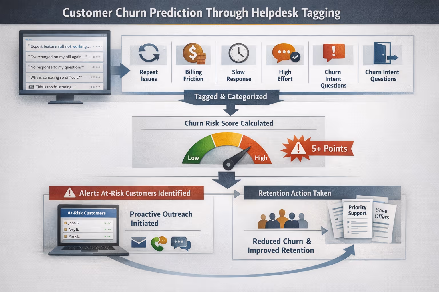 Helpdesk tagging workflow showing customer churn prediction signal categorization process
