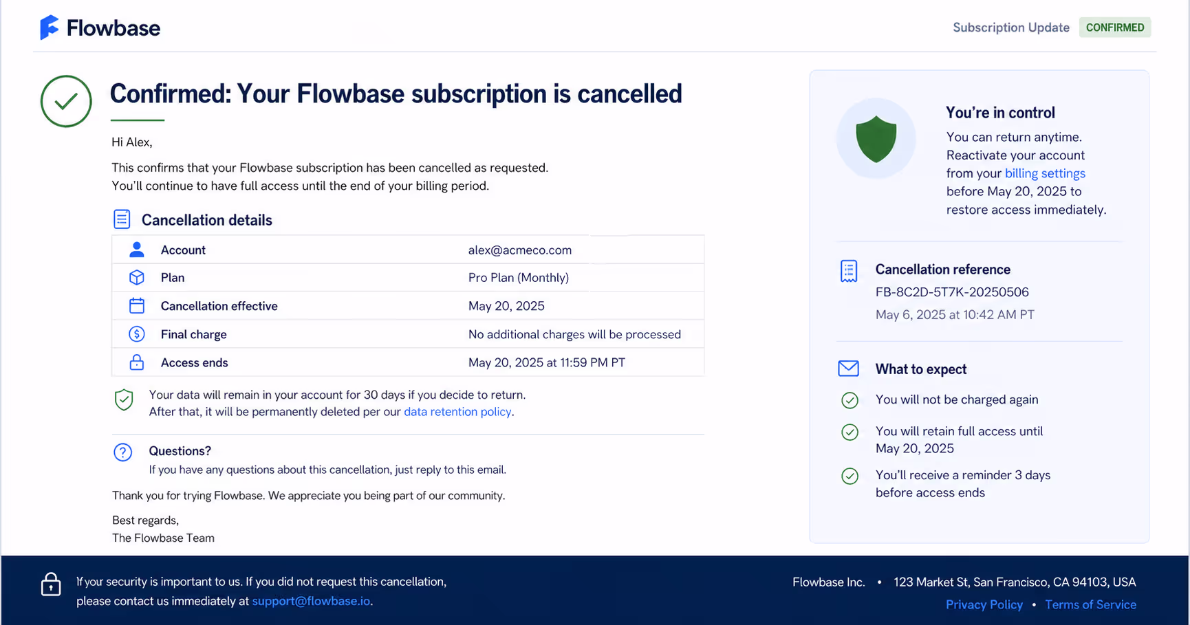 Example of FTC-compliant subscription cancellation confirmation email template for SaaS