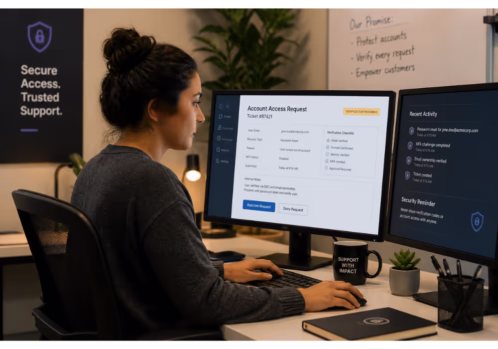 SaaS support team member securely handling account access tickets at desk