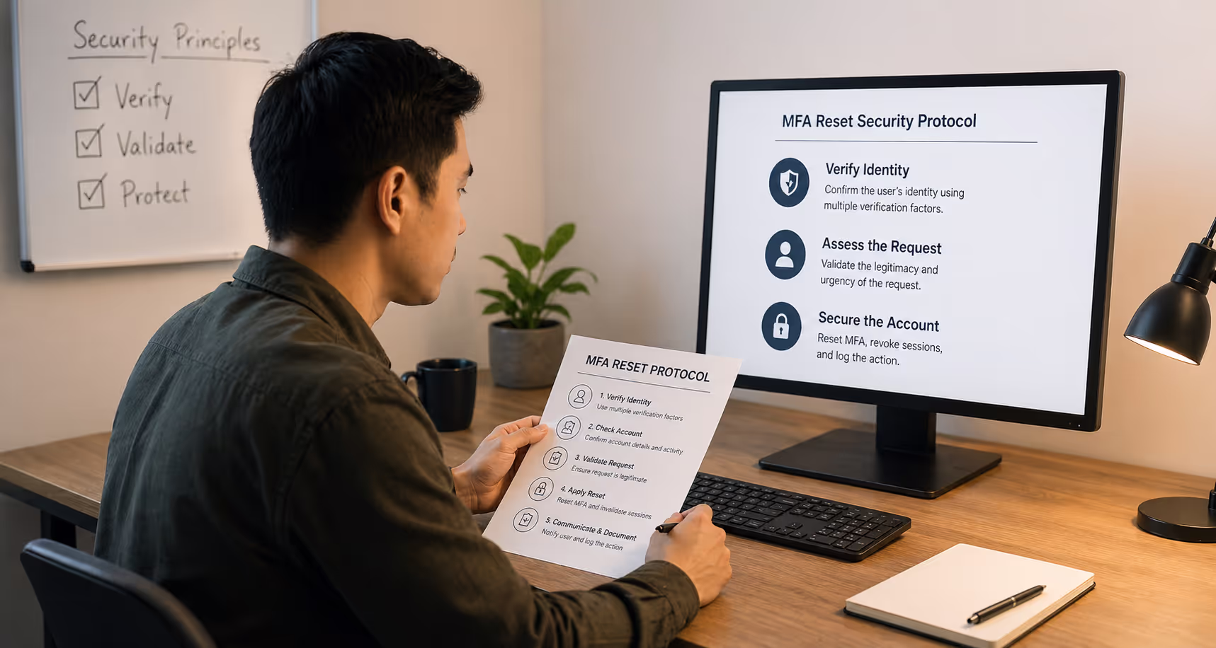 Support agent reviewing MFA reset account access tickets security protocols