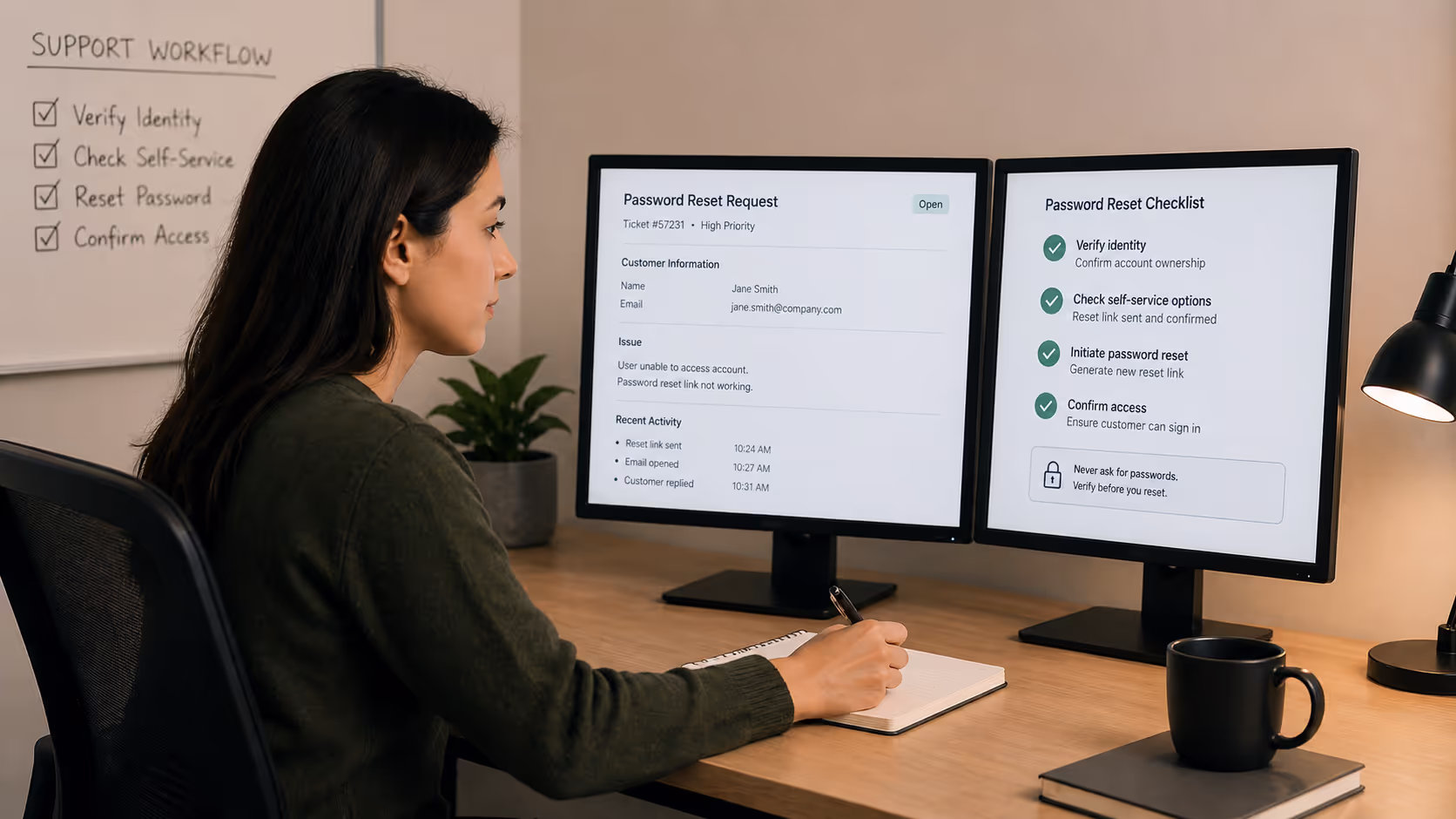 Customer support representative handling password reset account access tickets
