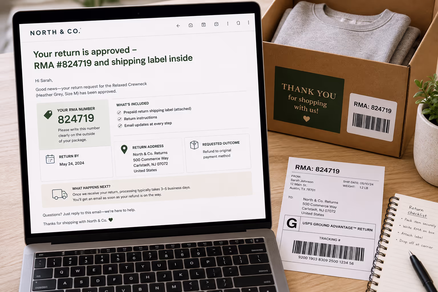 RMA Assignment and Return Label Email Template Example Example email template for RMA number assignment and return label delivery in returns workflow