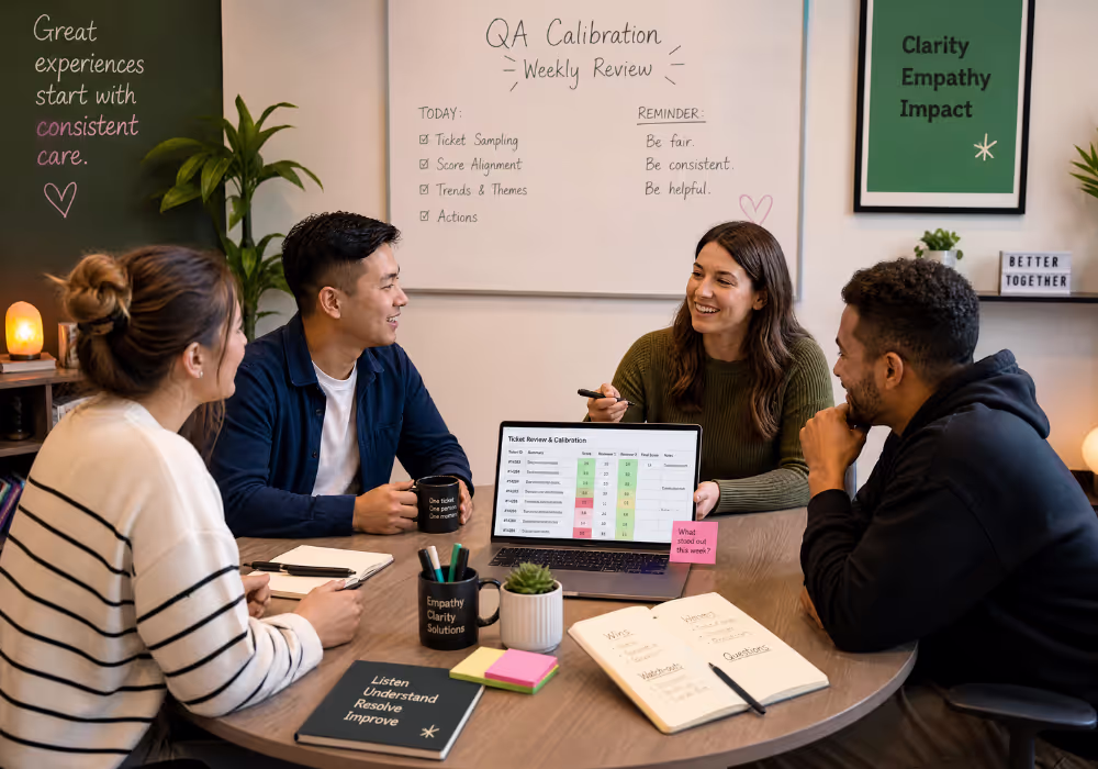 Small customer support qa team conducting weekly ticket review and calibration session