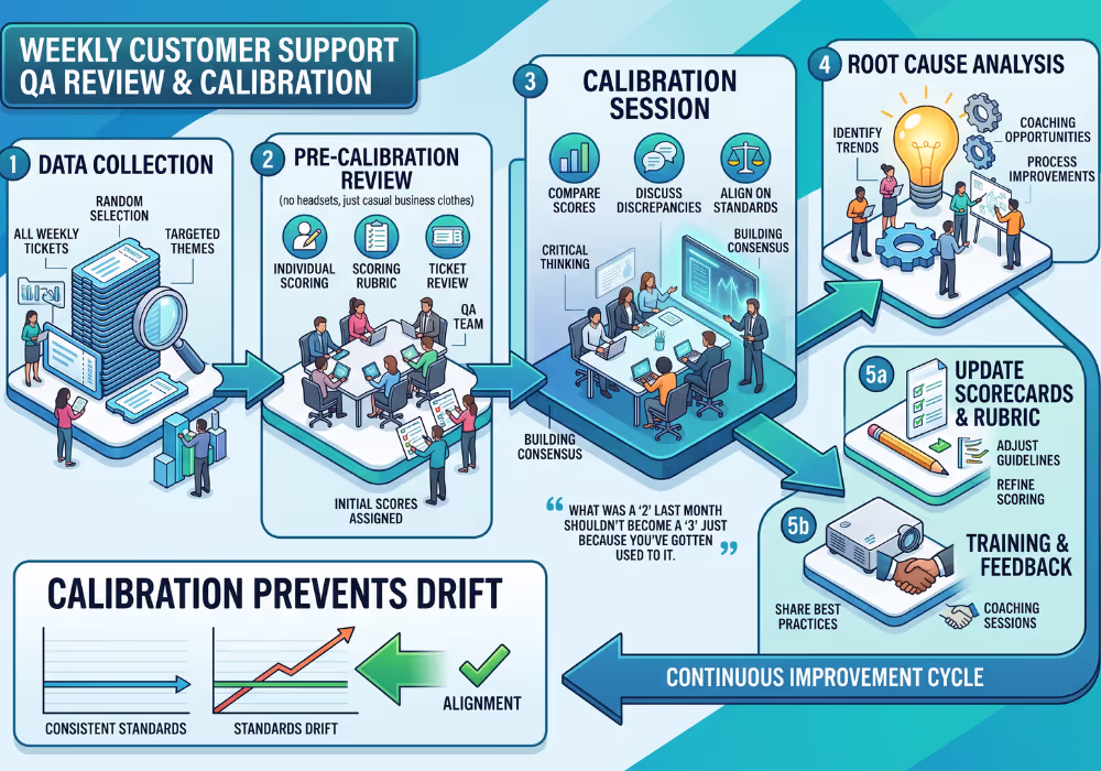 Weekly Customer Support Ticket Review Process Workflow Workflow diagram showing customer support QA weekly ticket review and calibration process
