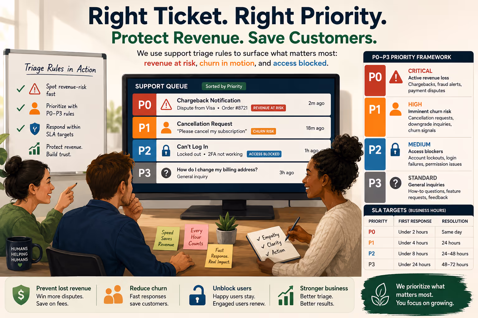 Support team using support triage rules to prioritize urgent chargeback and cancellation tickets