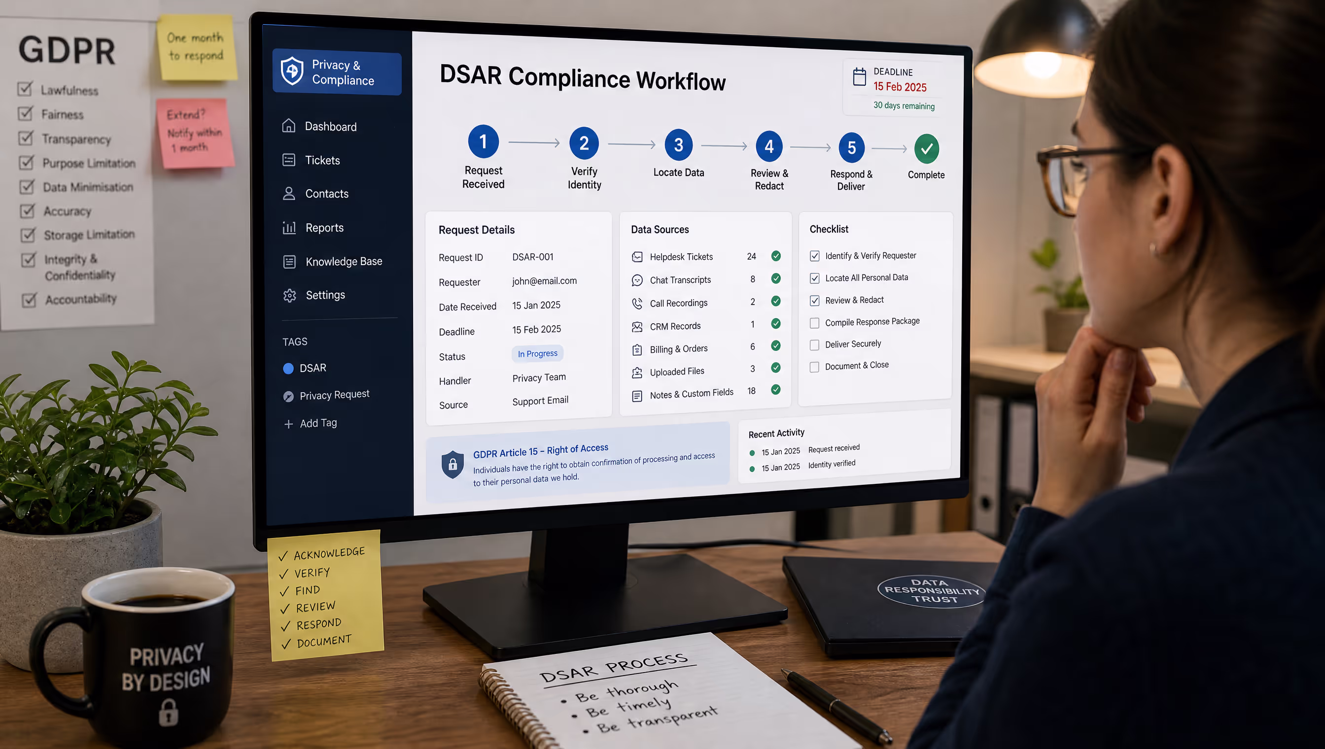 Support team member reviewing GDPR DSAR compliance workflow on computer screen