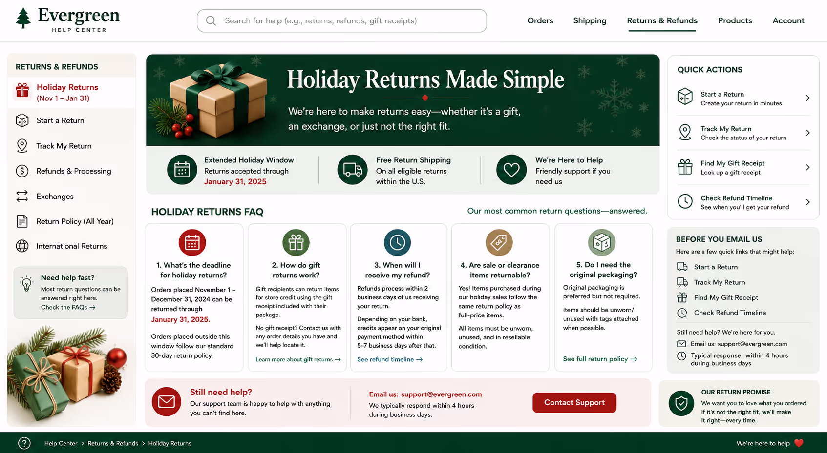 Help Center Structure for Holiday Return Policy Information Help center page showing holiday return policy structure that reduces support tickets