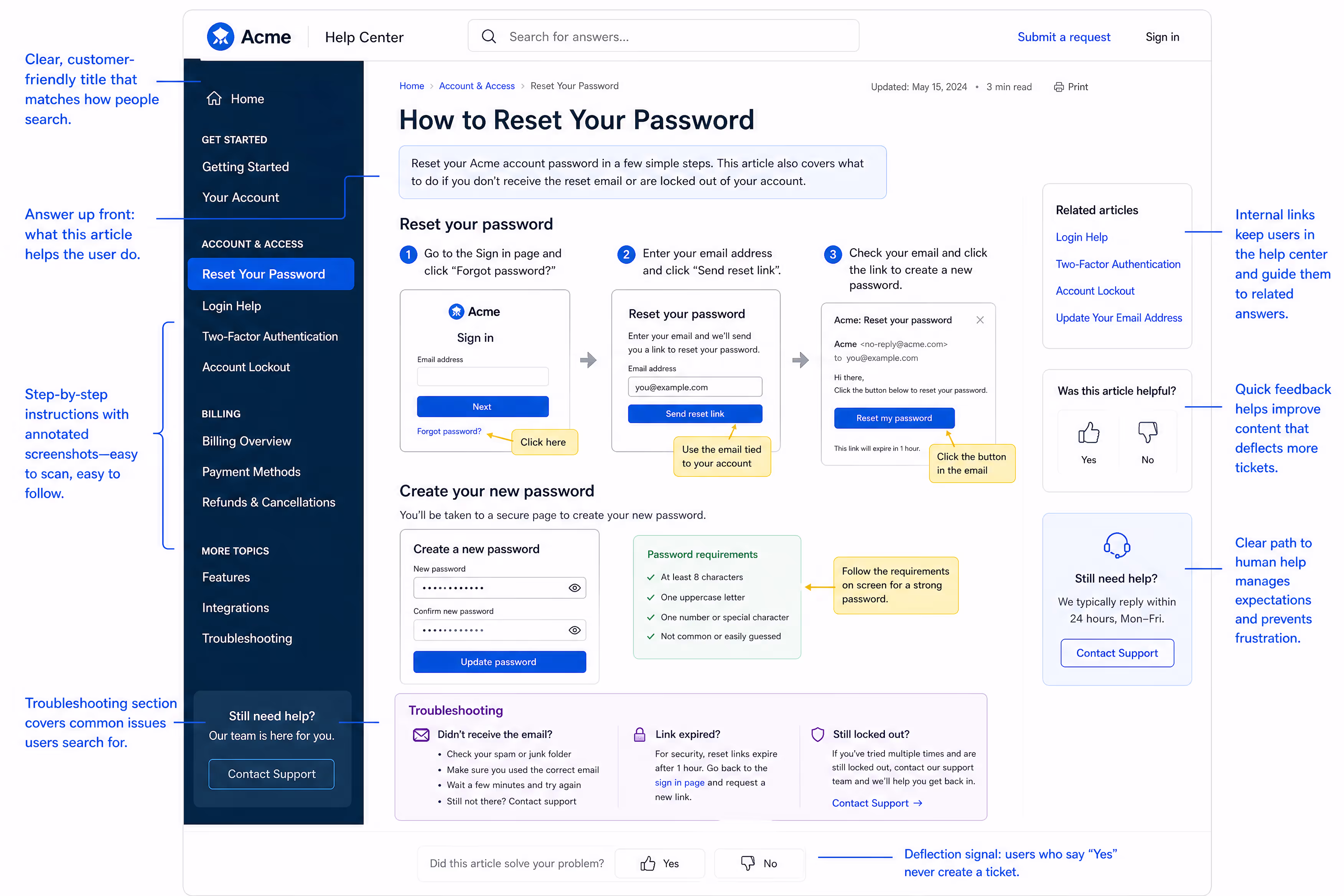 Password reset help center article with annotated screenshots annotated screenshot showing password reset process in help center article format