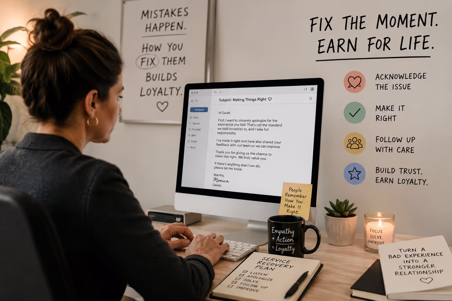 Business owner writing service recovery emails at desk to fix customer service mistakes and build loyalty