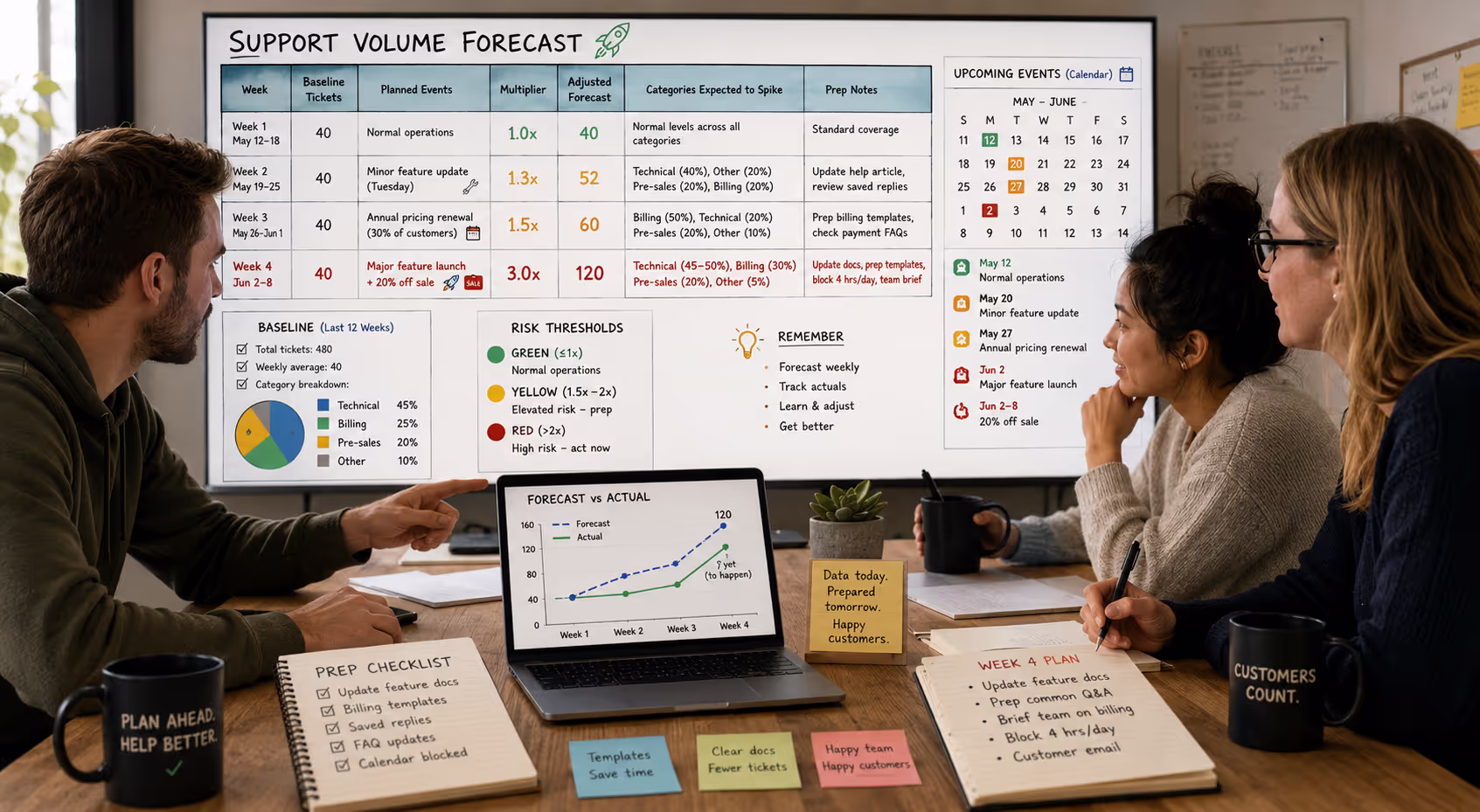 Small business team reviewing support volume forecasting spreadsheet with ticket data and calendar events