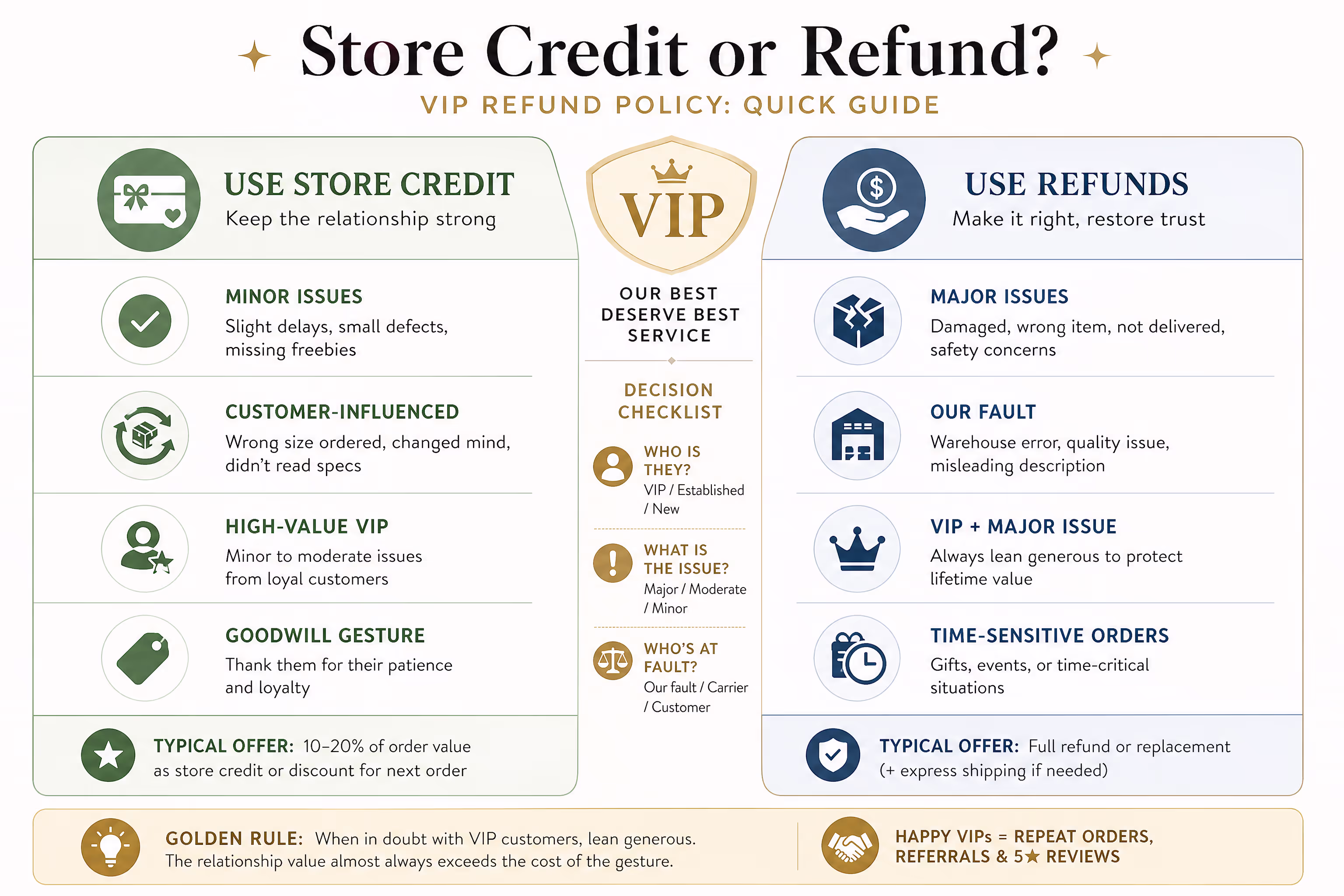 Store Credit vs Refund Strategy for Ecommerce Service Recovery Comparison showing when to use store credit versus refunds in VIP customer refund policy