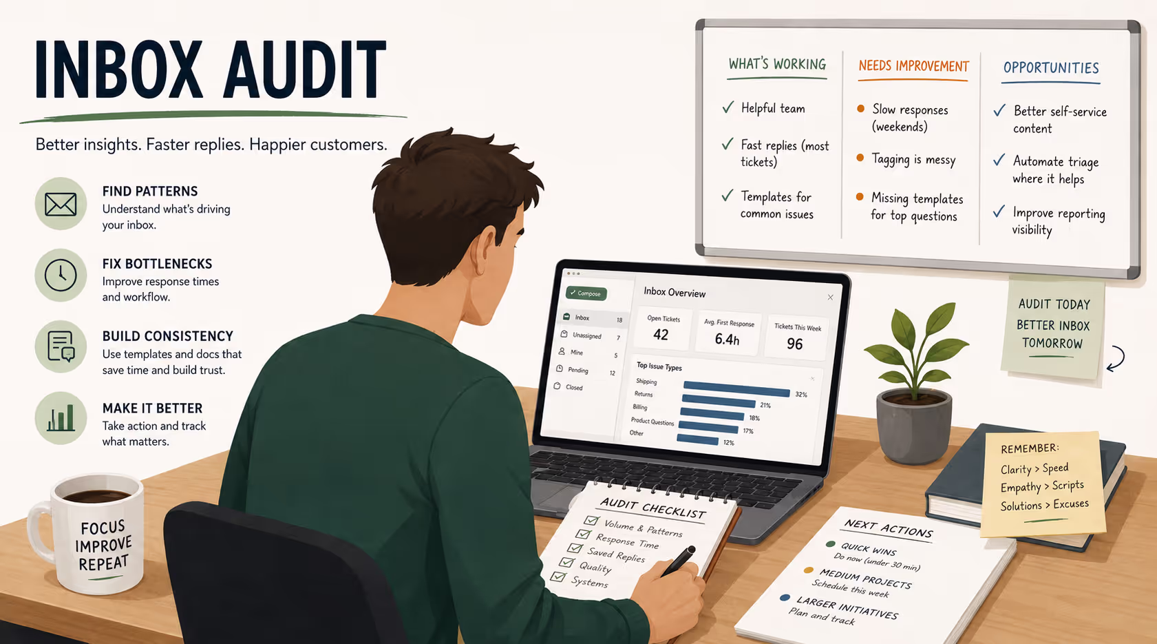Small business owner conducting a customer support inbox audit to improve email response times and ticket management efficiency