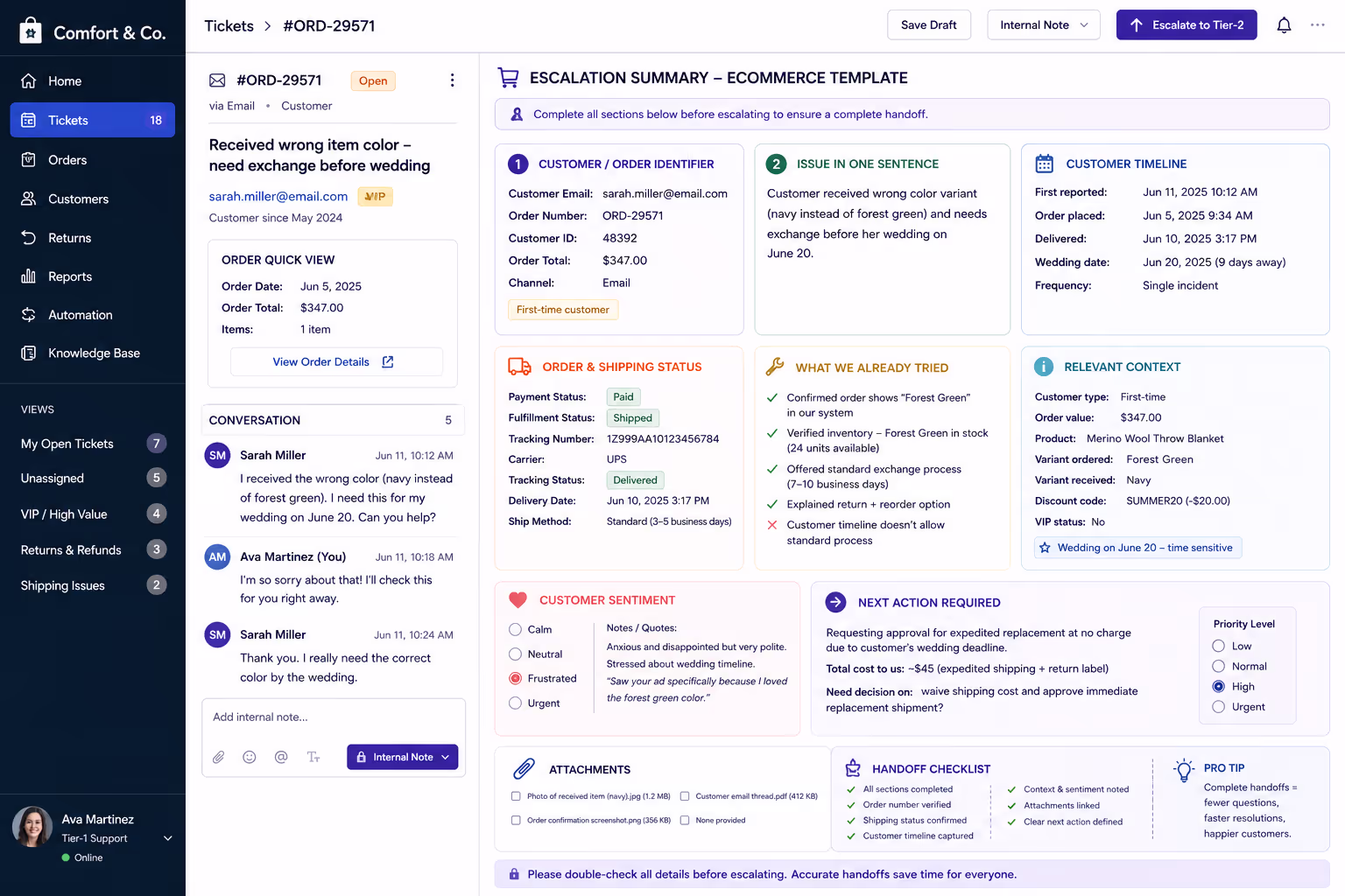 Ecommerce Support Handoff Notes with Order Information Ecommerce support handoff notes template showing order number, shipping status, and customer timeline for escalation