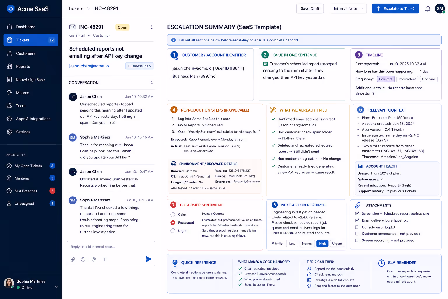 SaaS Support Handoff Notes with Detailed Reproduction Steps Support handoff notes template for SaaS showing reproduction steps, browser details, and account context for technical escalation