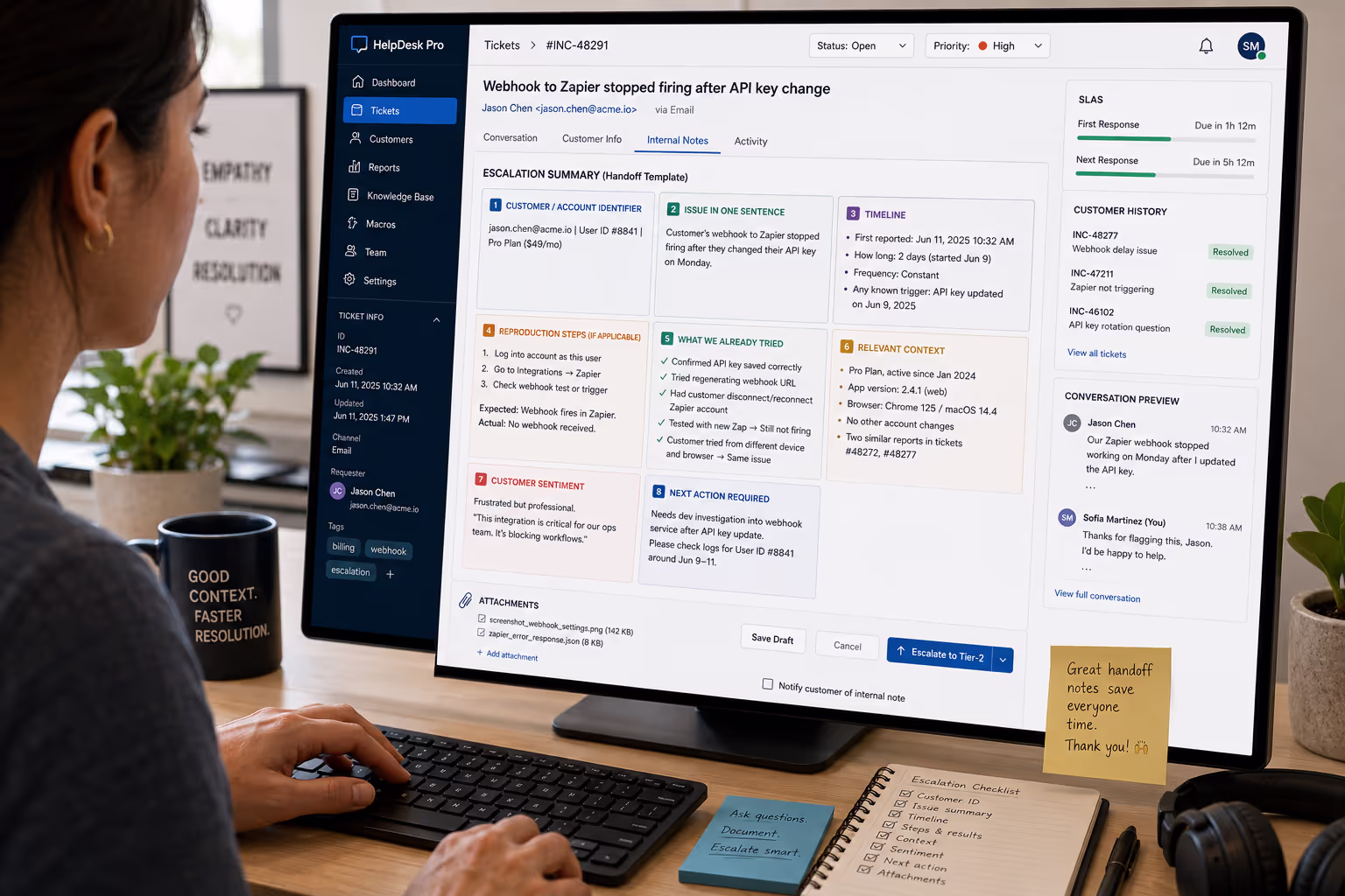 Tier-1 Support Team Using Handoff Notes Template Workflow Support agent reviewing support handoff notes template in helpdesk software before escalating ticket to Tier-2