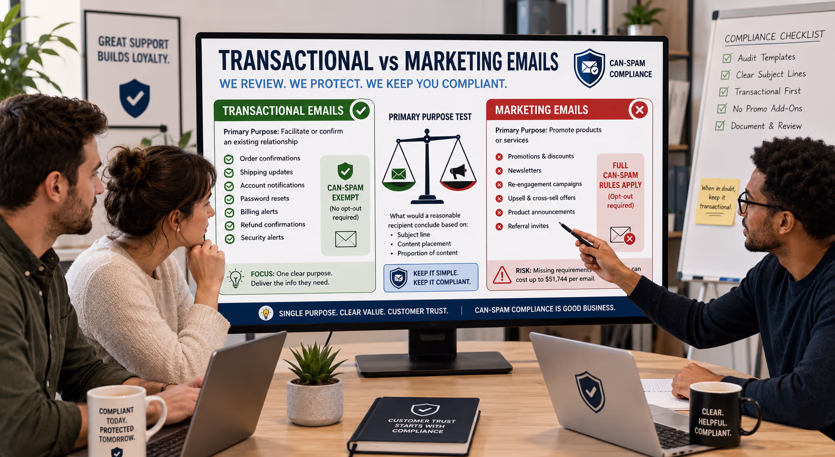 Support team reviewing transactional vs marketing emails for CAN-SPAM compliance on computer screen