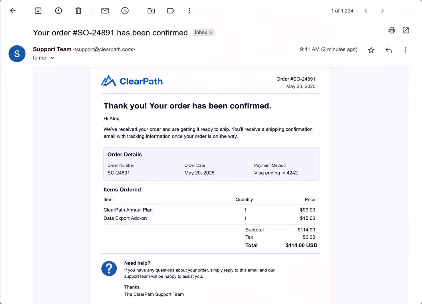 CAN-SPAM Compliant Transactional Email Template Example Screenshot of compliant transactional email template showing order confirmation without marketing content