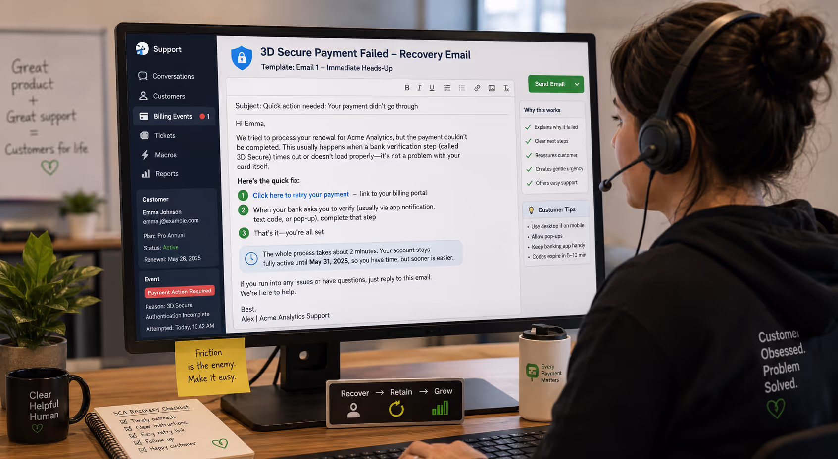 Support team member responding to 3D Secure payment failures with recovery email template on computer screen