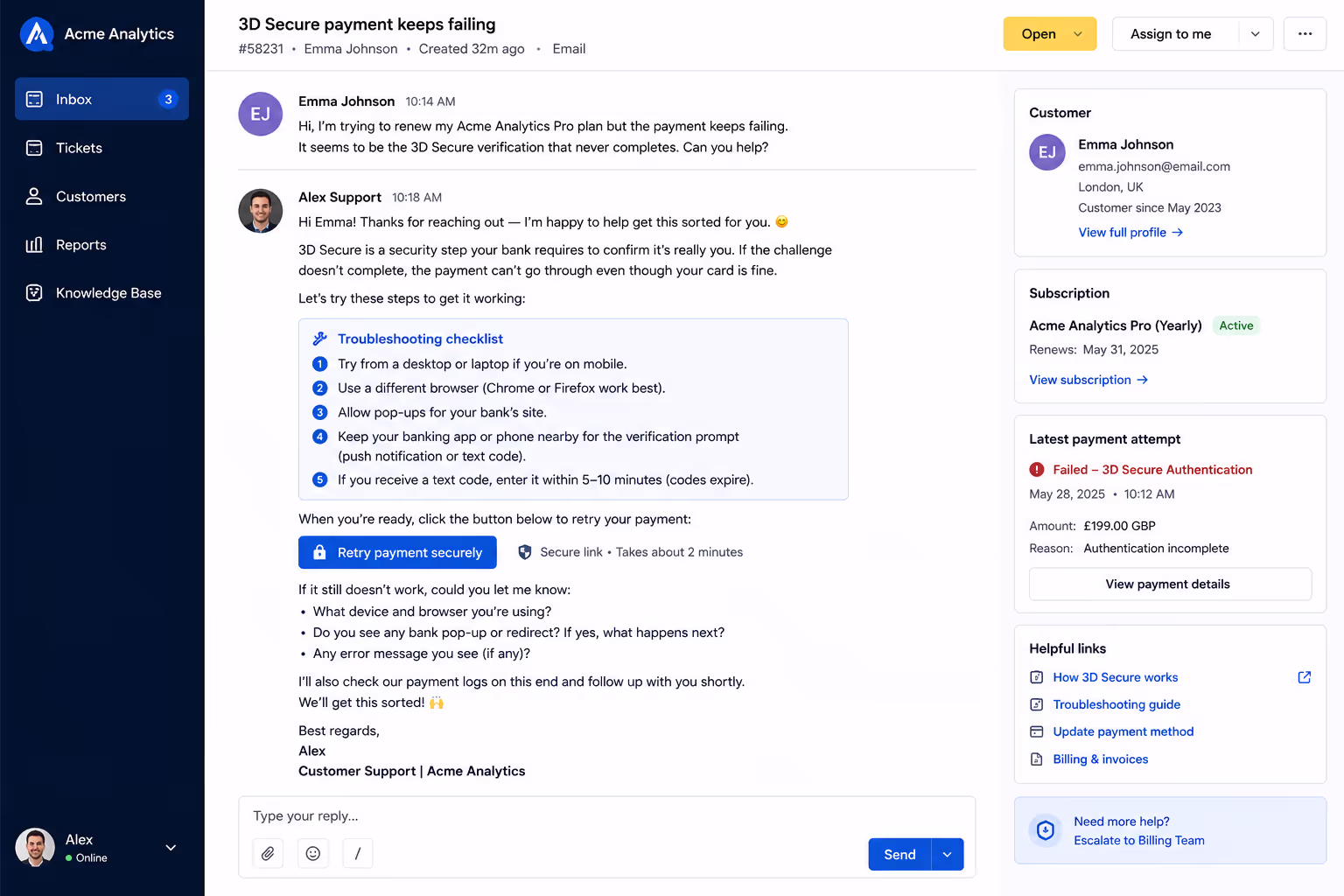Customer support specialist responding to 3D Secure payment failure inquiry with troubleshooting hel Customer support specialist responding to 3D Secure payment failure inquiry with troubleshooting help