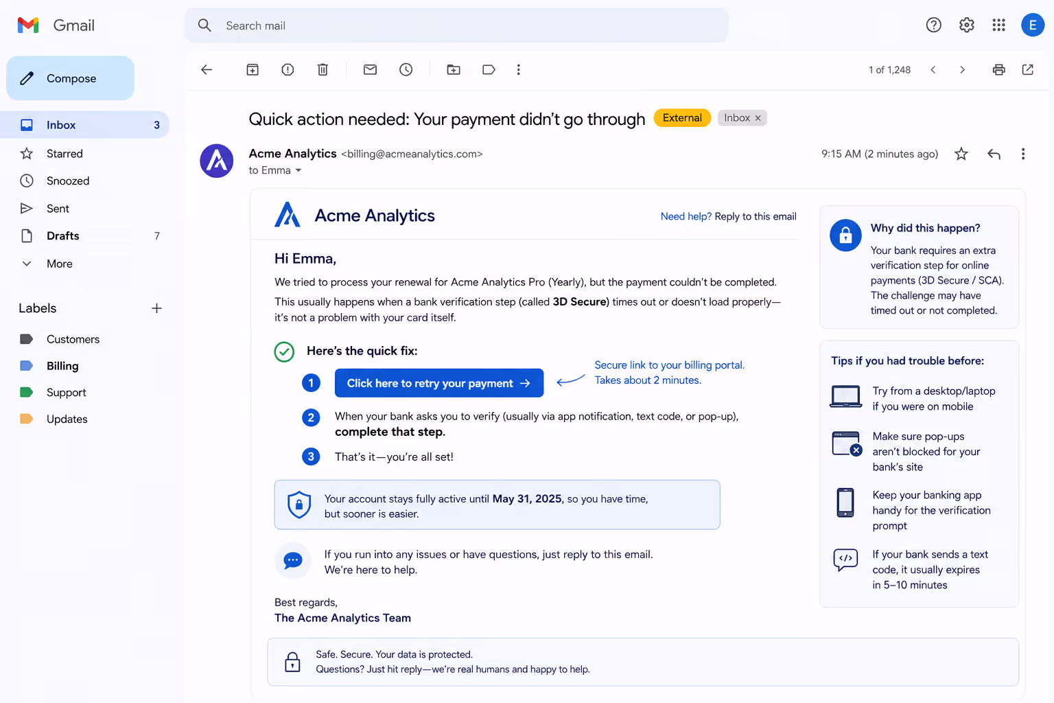Example of Effective SCA Payment Failure Recovery Email Template Screenshot of 3D Secure payment failure email template with clear retry instructions