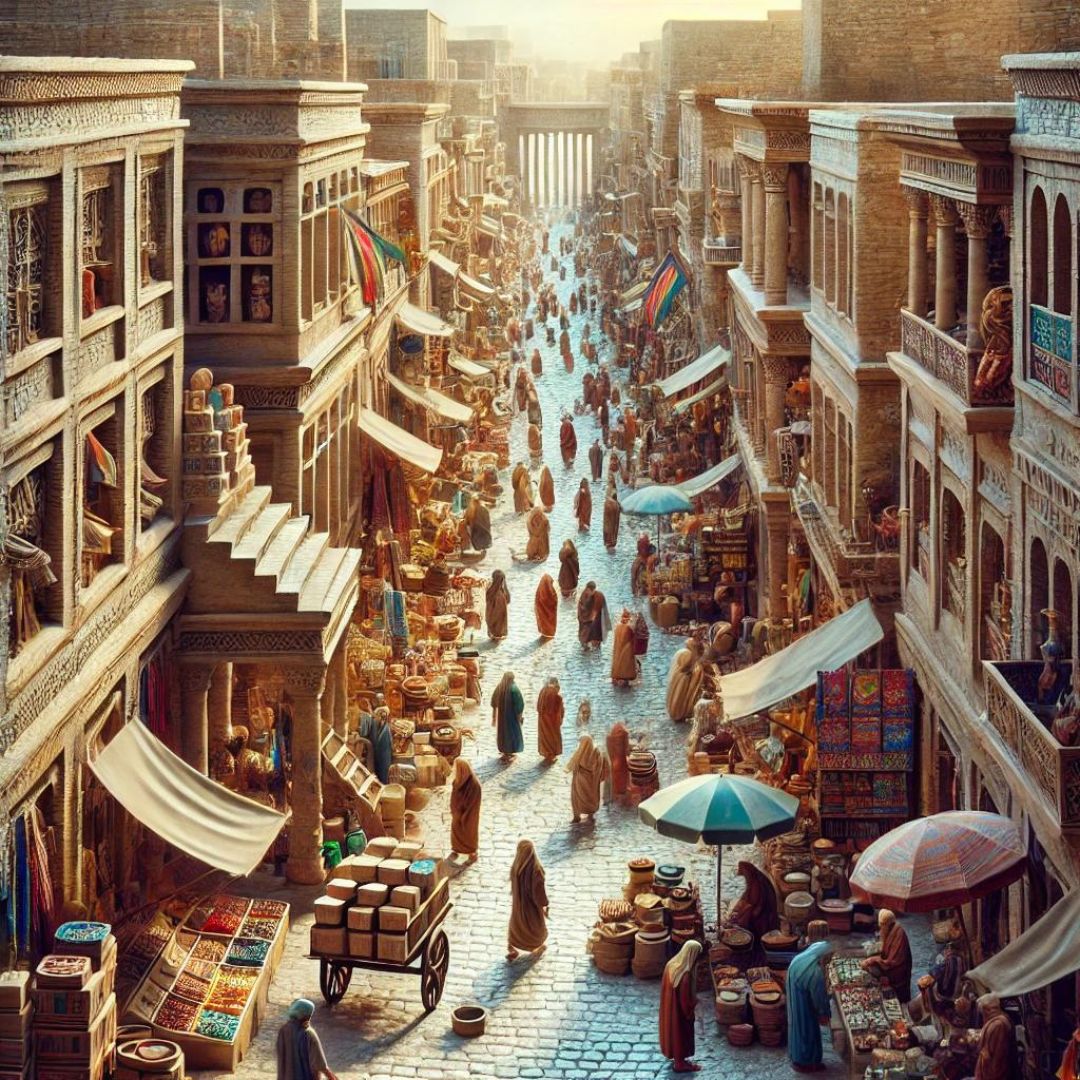 A Busy Street in Ancient Uruk A colorful and bustling ancient Uruk street scene with merchant tents, vibrant fabrics, and historical Mesopotamian architecture.