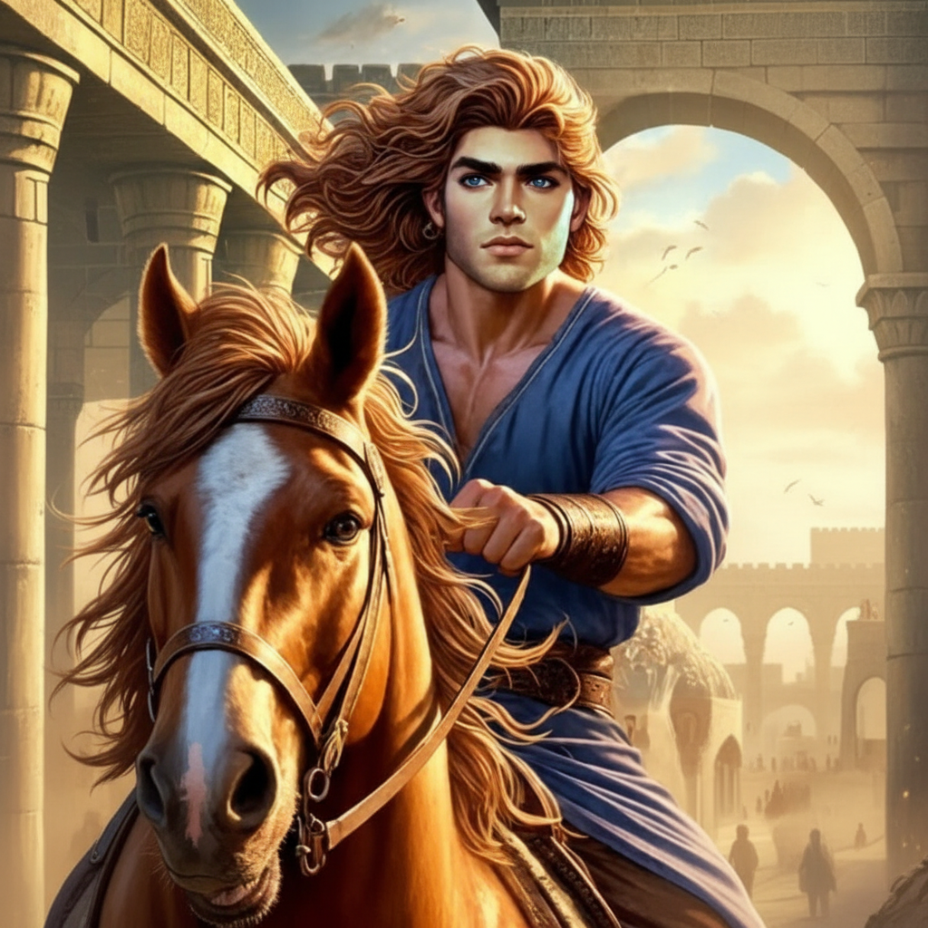 Gilgamesh Riding a Chestnut Horse King Gilgamesh riding a powerful chestnut horse through the gates of Uruk, styled as a classical oil painting illustration.