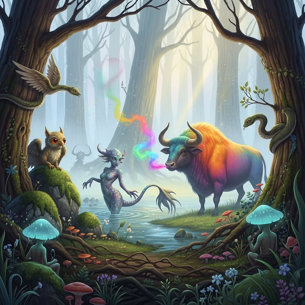 lesser-known mythical creatures gathered in an enchanted forest