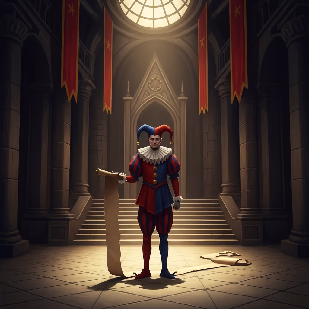 A funny character in a story — a dignified jester standing alone in a grand throne room holding an absurdly long scroll, dramatic lighting.