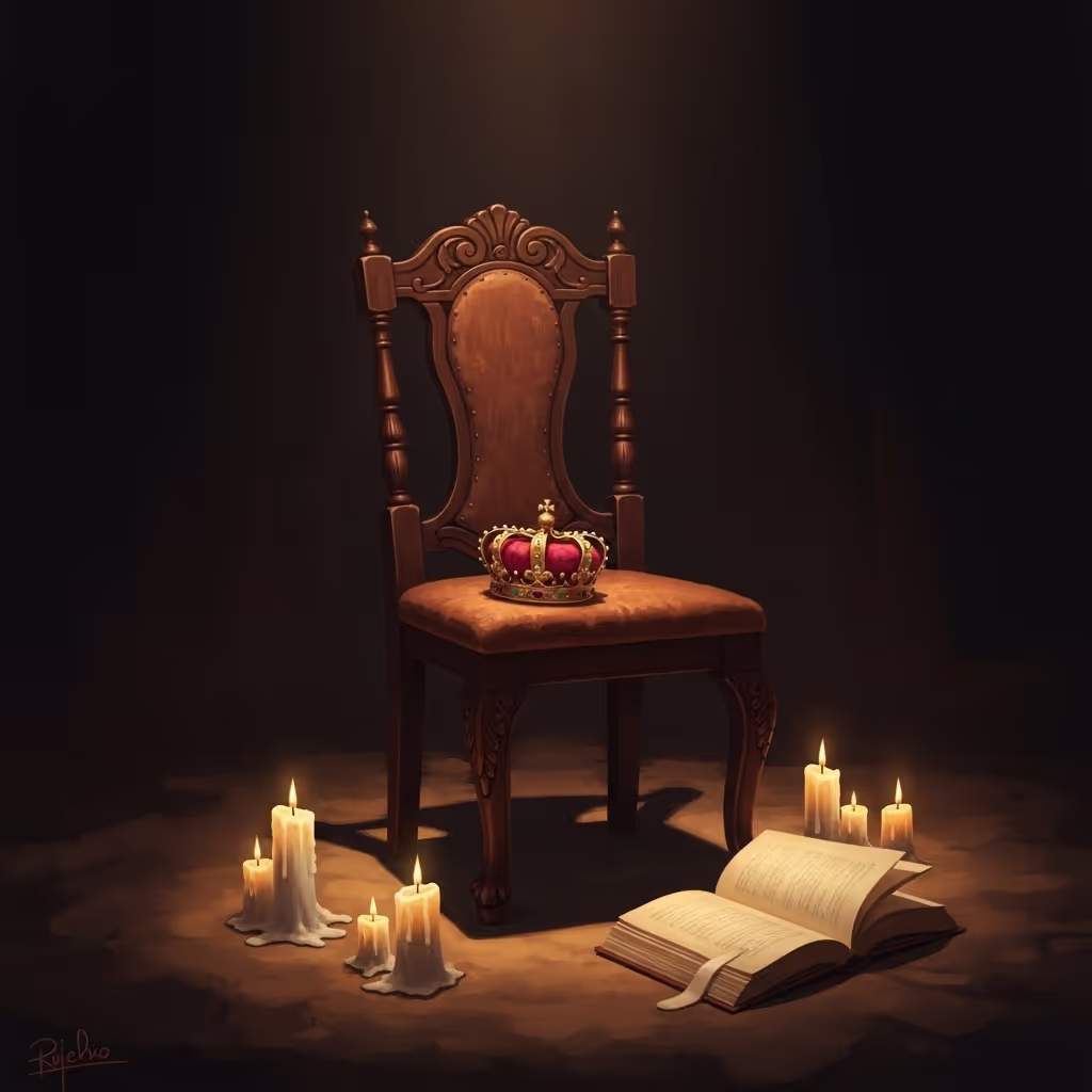 An empty chair with a crooked crown and an open book in a candlelit room, hinting at a funny character in stories who just stepped away.