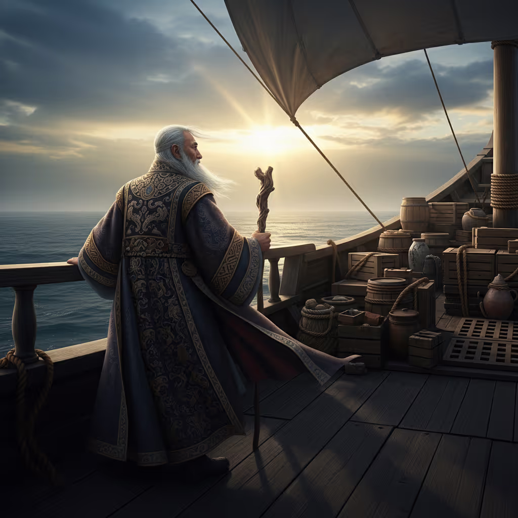An ancient figure standing at the prow of a loaded wooden vessel surveying a flooded horizon, illustrating the survivors at the heart of flood myths in ancient cultures