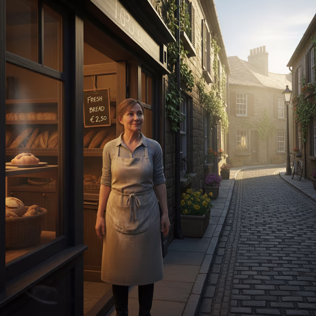 A baker standing in a shop doorway on a quiet cobblestone street in warm morning light, illustrating the inhabited quality of a fictional town that feels real